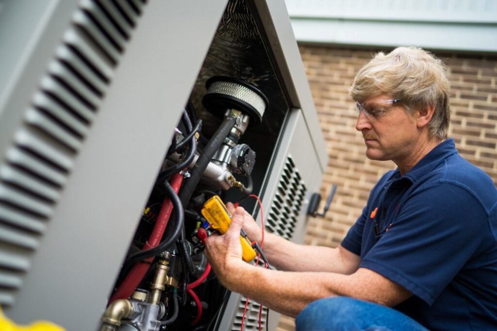 Image of a qualified electrician performing repairs on a home generator
