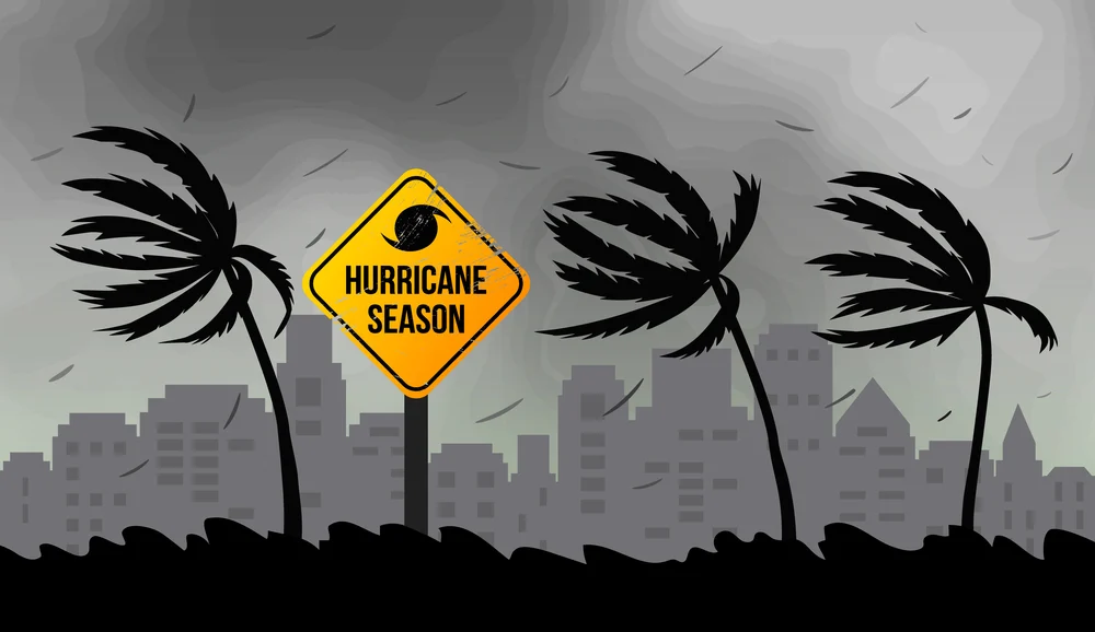Tornado hurricane Florence, coming from the ocean. Huge waves on houses on the coast. Tropical disaster and a sign of catastrophe and warning. Flat vector Orlando digital marketing agency managing online marketing campaigns for generator dealers preparing for major hurricanes and storm-driven demand