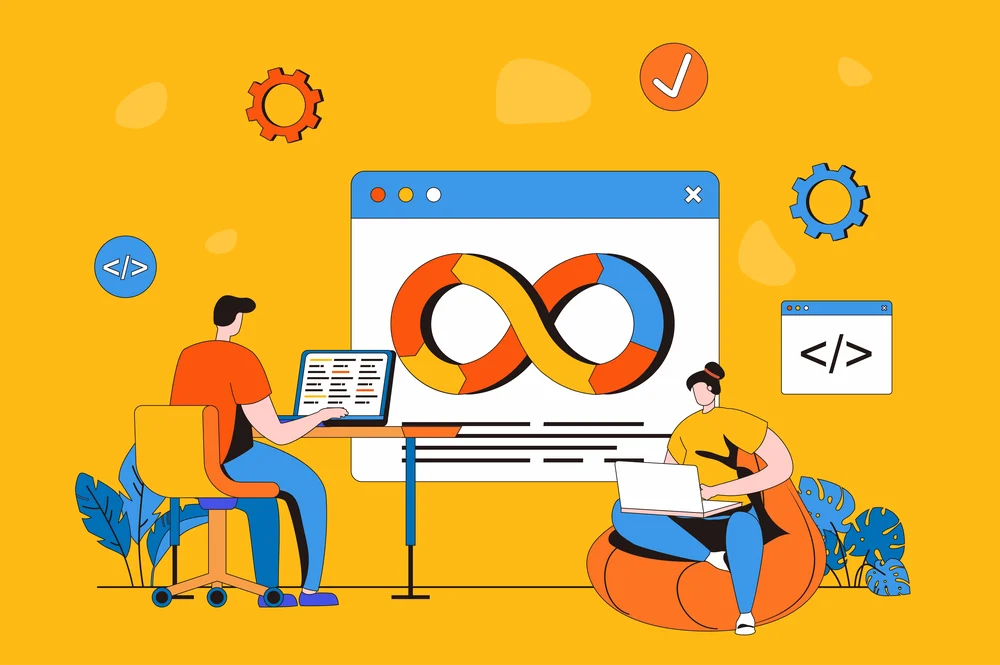 DevOps web concept in flat 2d design. Man and woman developers work together in team, administer development and collaboration processes on programming products. Vector illustration with people scene Cartoon image of WordPress developers performing maintenance on a website for a local HVAC Contractor